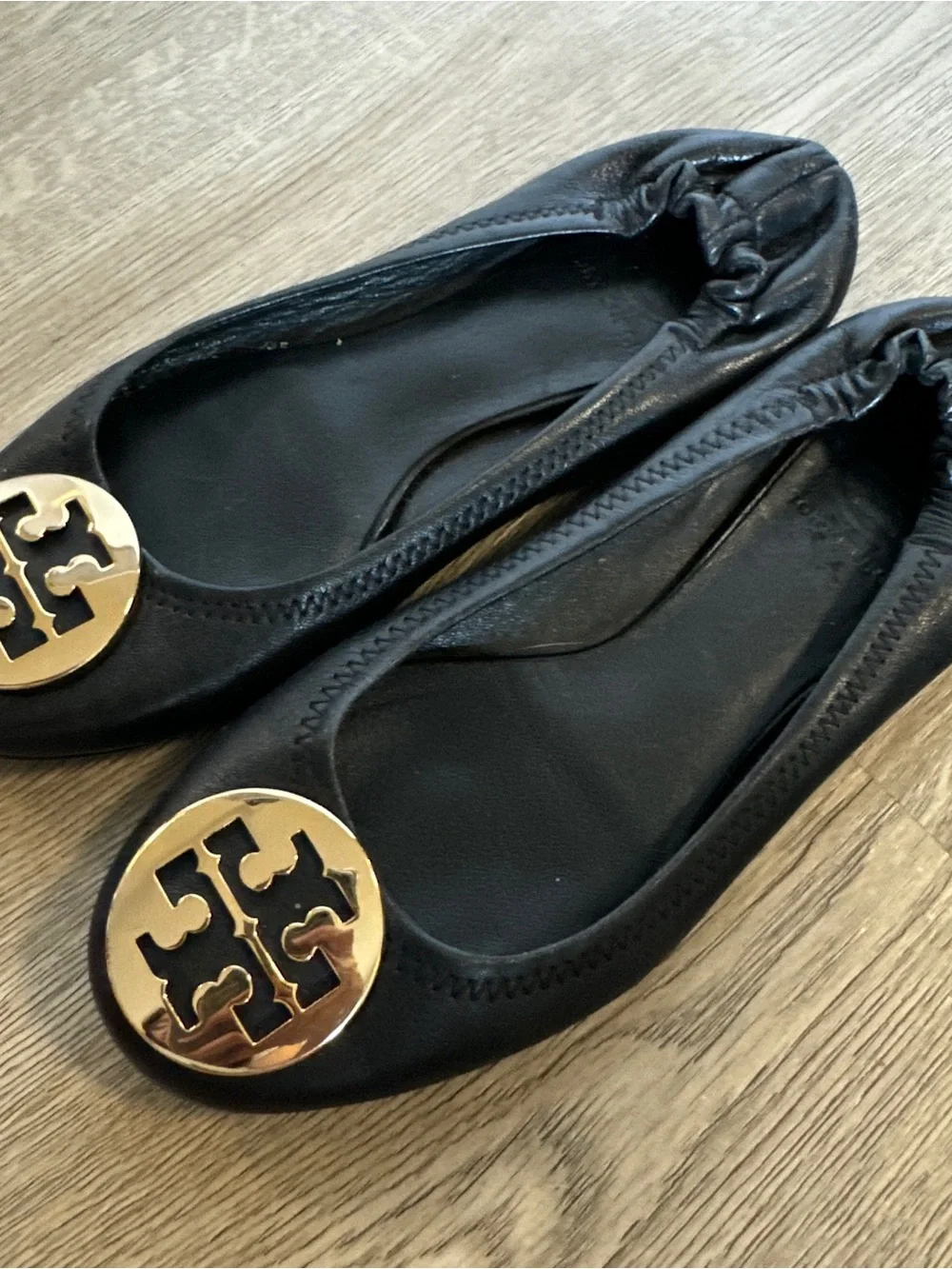 Tory Burch Black Leather Ballet Flats with Gold Medallion